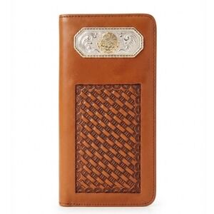 Nocona Mens Tan Leather Western Long Wallet Mexican Eagle Basketweave Bifold